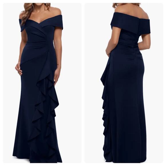 XSCAPE Ruffle Off the Shoulder Scuba Knit Gown Midnight Blue Size 12 NWOT - Picture 1 of 11